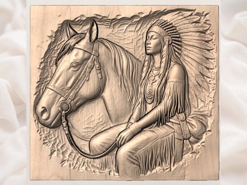 Native Woman and Horse Bas-Relief STL with Feather Headdress bas-relief STL — view 3