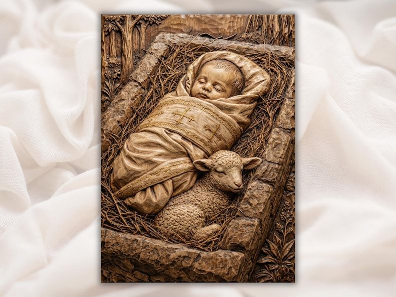 Carved relief of a sleeping baby Jesus swaddled in cloth with a lamb resting beside him in a stone manger