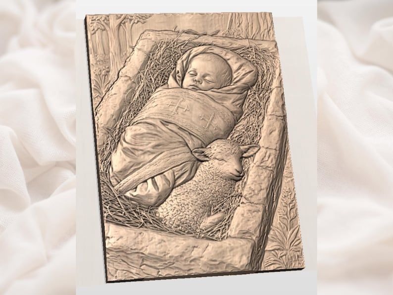 Sleeping Baby Jesus with Lamb in the Manger Relief STL bas-relief STL — view 2