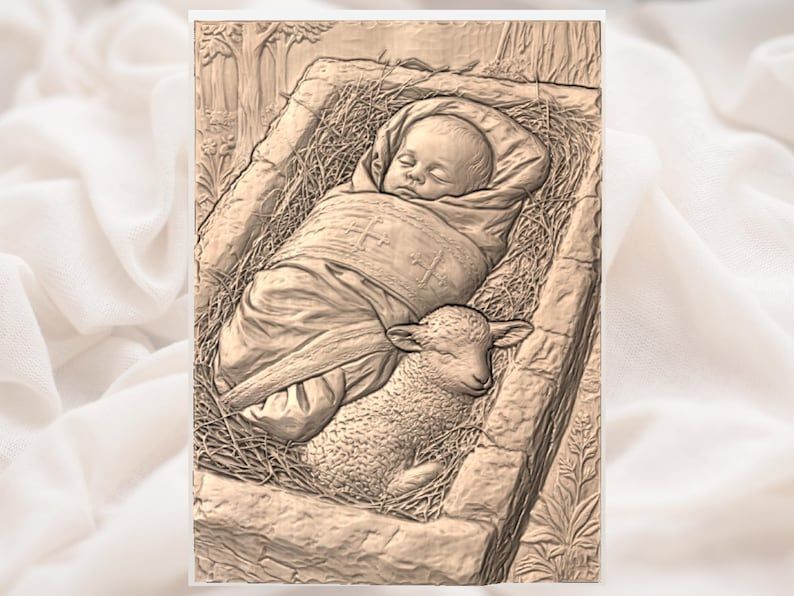 Sleeping Baby Jesus with Lamb in the Manger Relief STL bas-relief STL — view 3