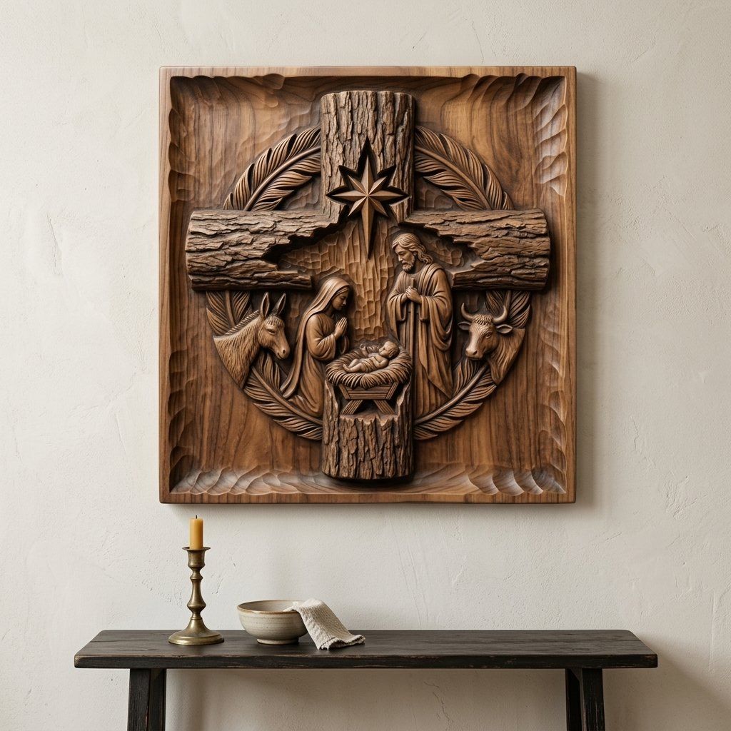 Nativity Holy Family Wood Cross CNC Relief STL bas-relief STL — view 13