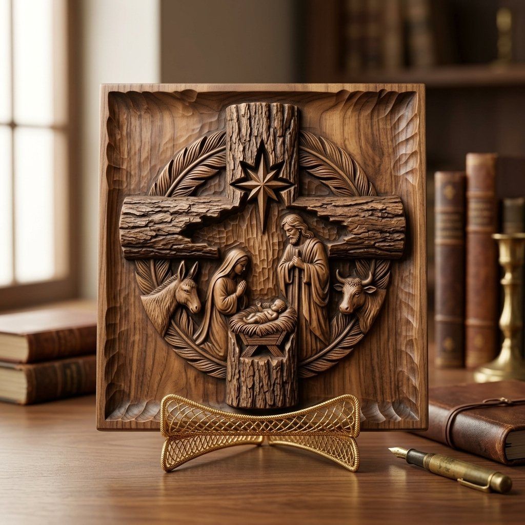 Nativity Holy Family Wood Cross CNC Relief STL bas-relief STL — view 3