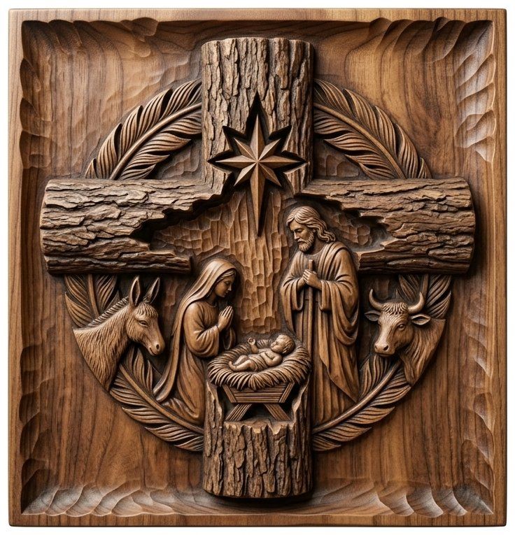 Nativity Holy Family Wood Cross CNC Relief STL bas-relief STL — view 14