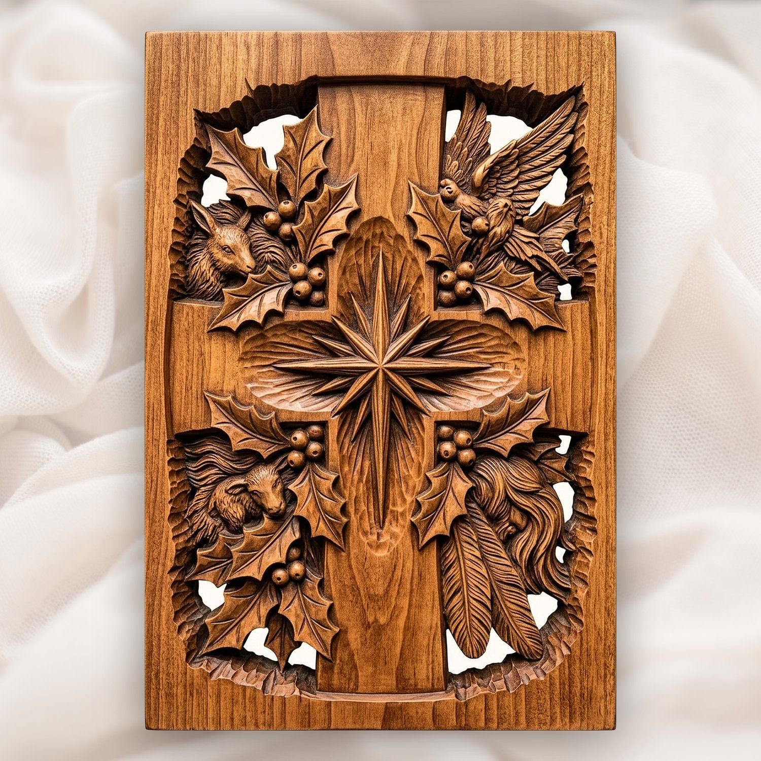 Nativity Star Cross CNC Relief STL | Christian Holly Wood Carving | Sacred Christmas Wall Art Panel — carved bas relief STL file for CNC