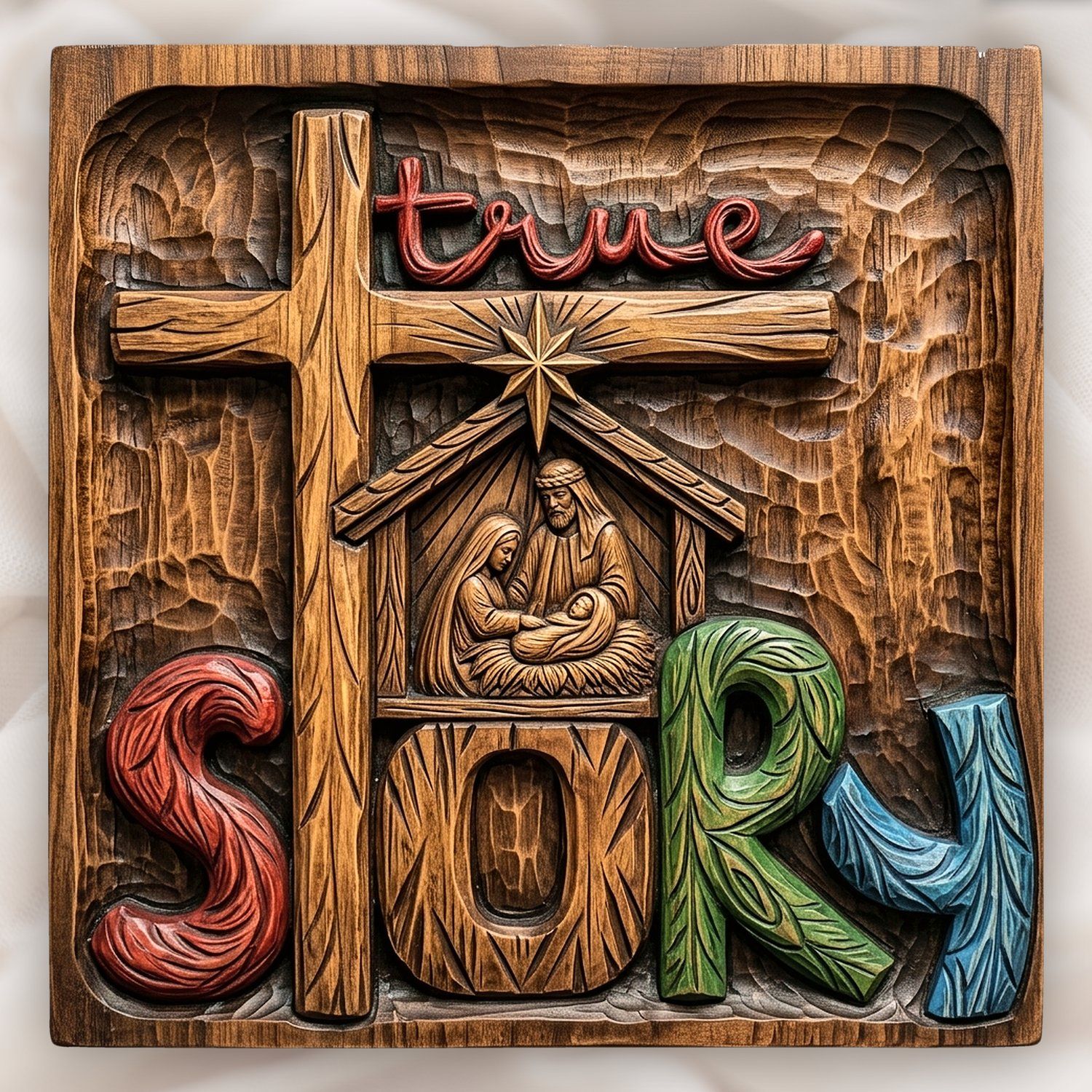 Nativity True Story Cross CNC Relief STL | Christian Christmas Wood Carving Design | Religious Wall Art Panel — carved bas relief STL file for CNC