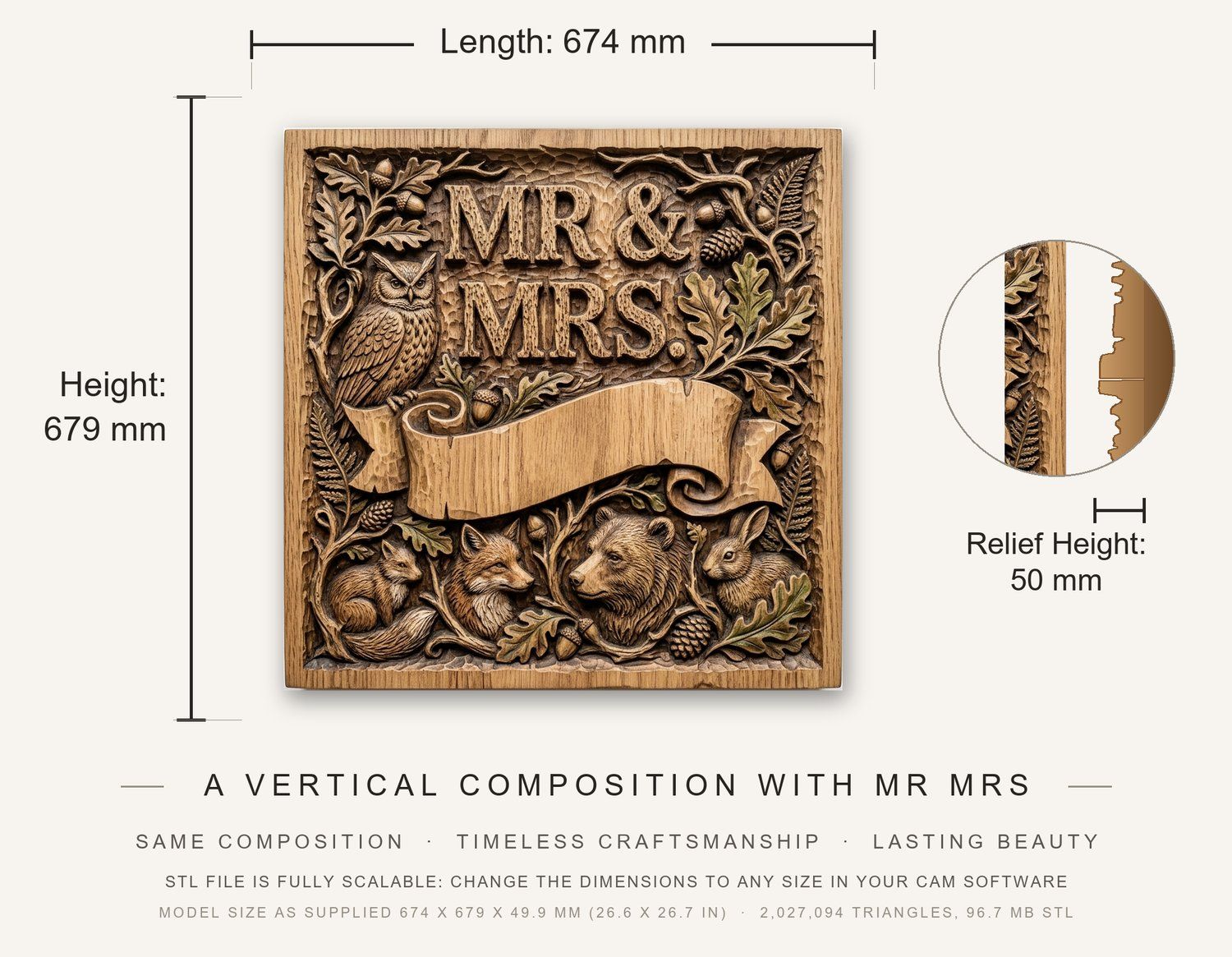 Nature Forest Wedding Mr and Mrs CNC Relief STL bas-relief STL — view 3