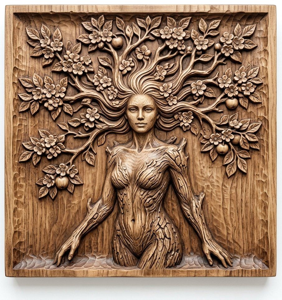 Nature Spirit Wall Art Panel | Mother Earth Wood Carving Design | Tree Of Life Home Decor | Forest Goddess Woodwork Sculpture — carved bas relief STL file for CNC