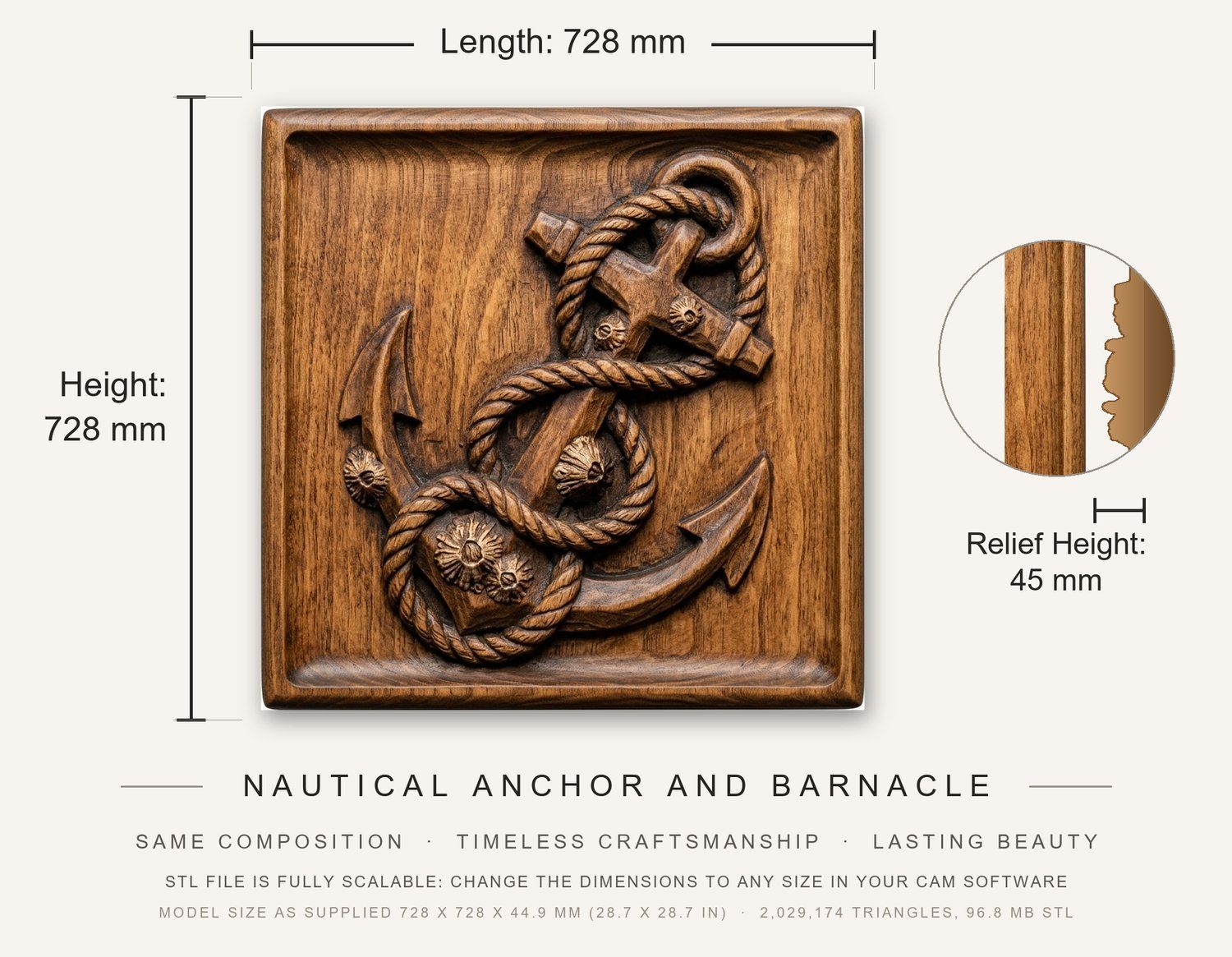Nautical Anchor and Barnacle CNC Relief STL bas-relief STL — view 3
