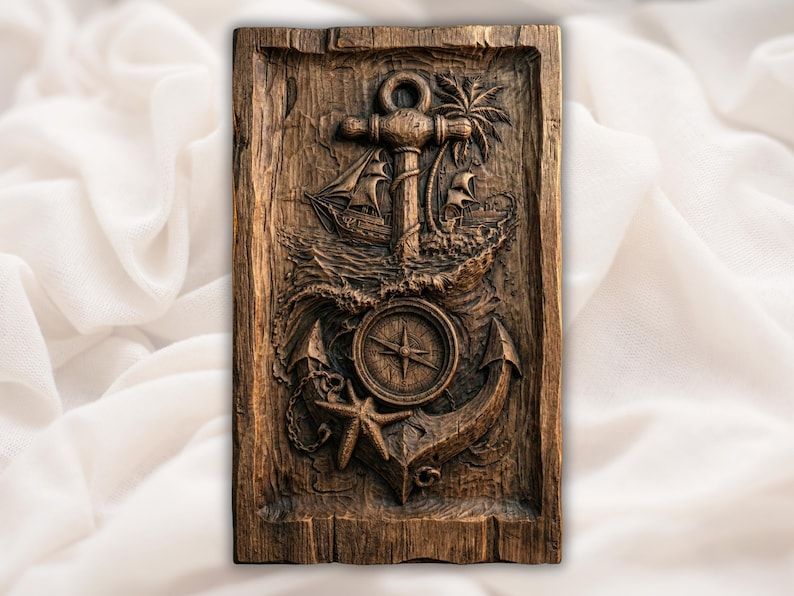 Carved wood relief of an anchor, compass rose, tall sailing ship, ocean waves, palm and starfish.