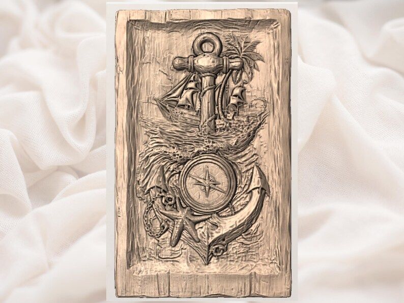 Anchor, Compass & Sailing Ship Nautical Bas-Relief STL bas-relief STL — view 2
