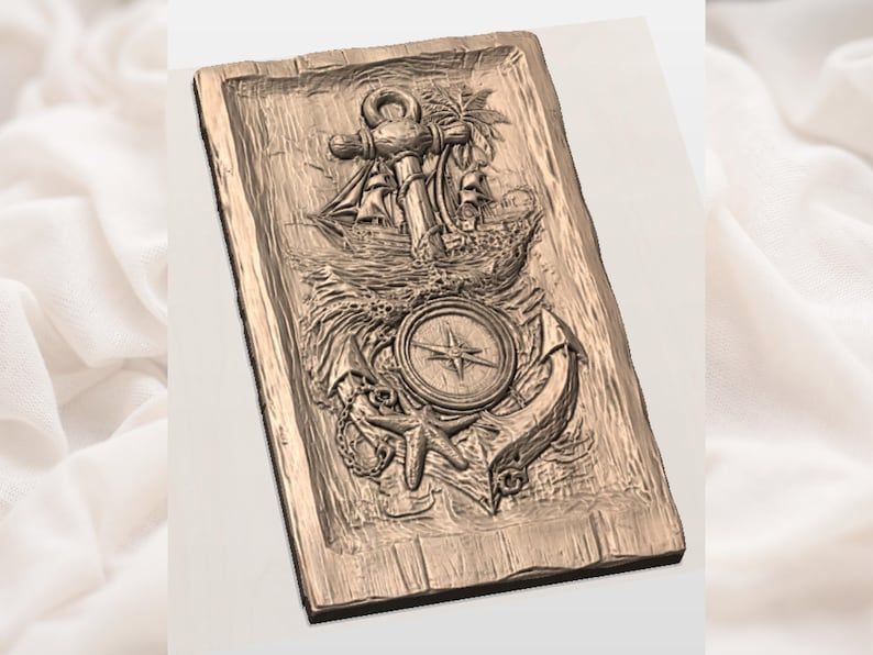Anchor, Compass & Sailing Ship Nautical Bas-Relief STL bas-relief STL — view 3