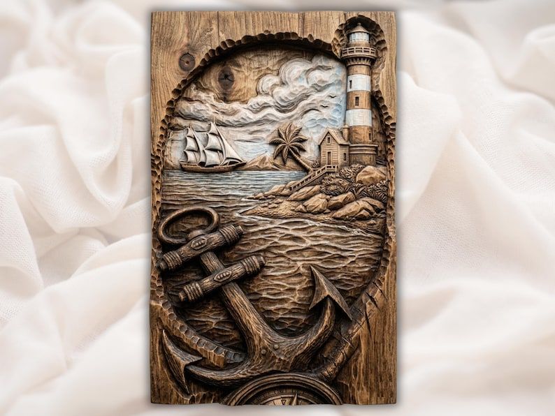Bas-relief wood carving of an anchor, lighthouse, sailing ship, cottage, palm tree, and ocean waves.