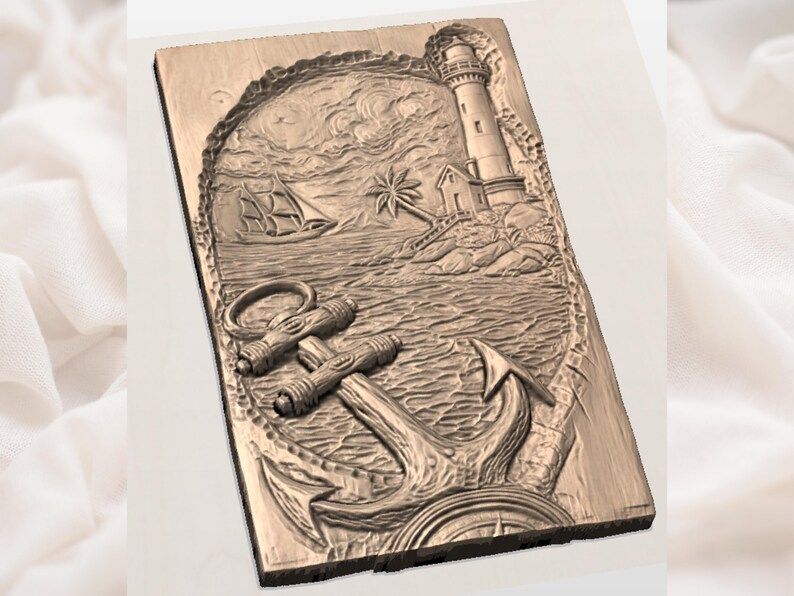 Anchor and Lighthouse Coastal Scene Bas-Relief STL bas-relief STL — view 2