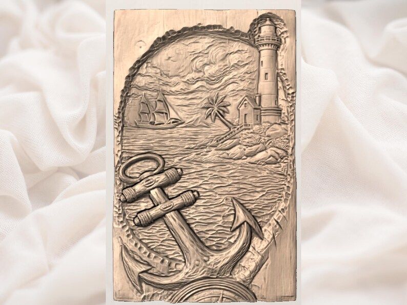 Anchor and Lighthouse Coastal Scene Bas-Relief STL bas-relief STL — view 3