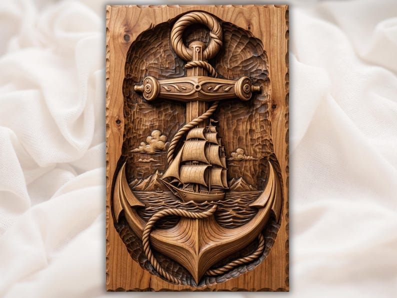 Bas-relief wood carving of an anchor wrapped in rope with a tall sailing ship on rough seas