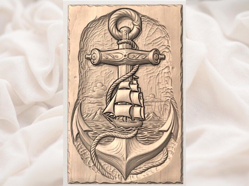 Anchor and Tall Ship Bas-Relief STL with Rope and Rolling Sea bas-relief STL — view 2
