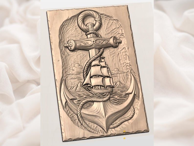 Anchor and Tall Ship Bas-Relief STL with Rope and Rolling Sea bas-relief STL — view 3