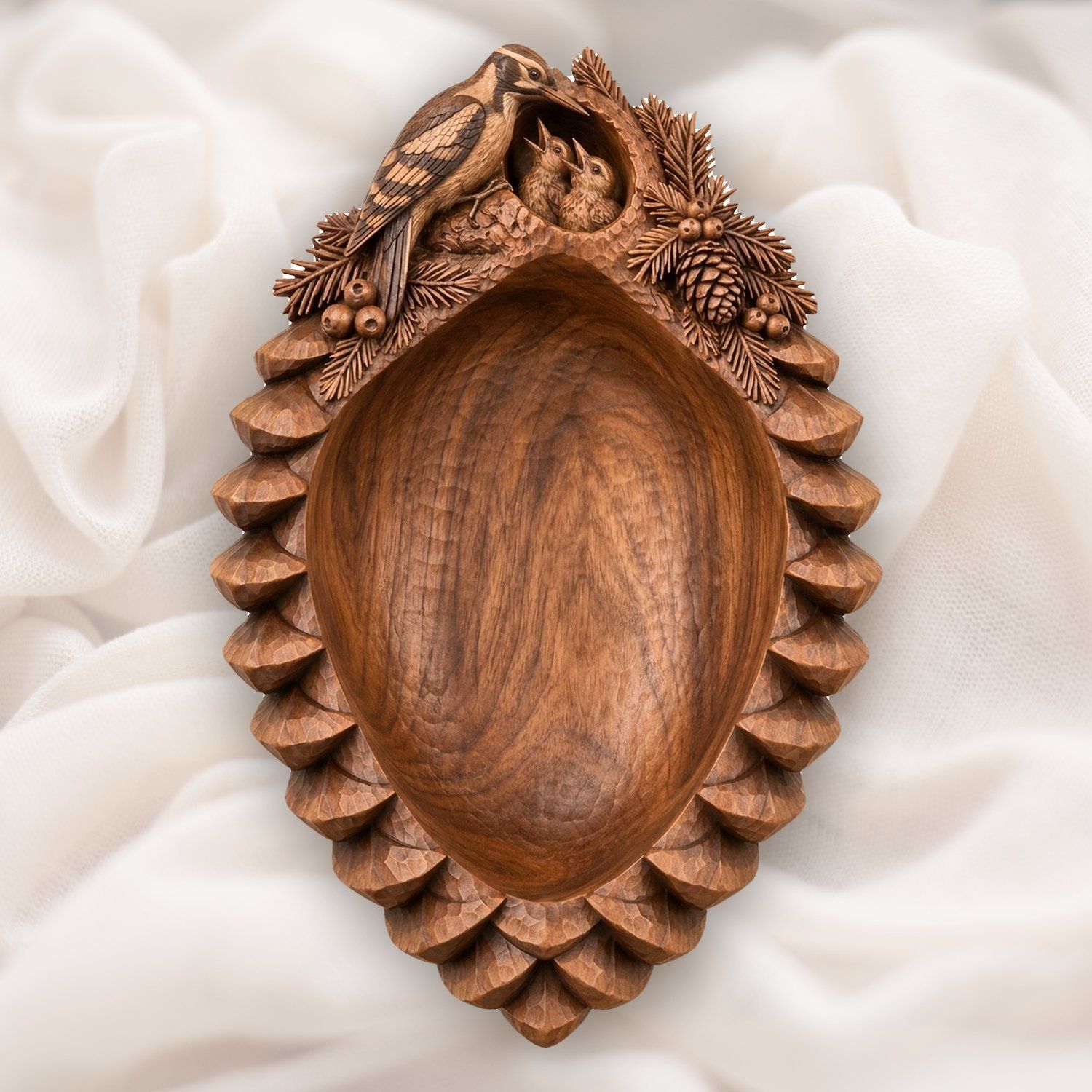 Nesting Woodpecker Pine Cone Tray CNC Relief STL | Wildlife Nature Bow