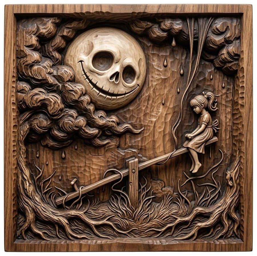 Nightmare Moon Girl Seesaw CNC Relief STL | Whimsical Dark Fantasy Wall Art | Gothic Wood Carving Design | VCarve ArtCAM — carved bas relief STL file for CNC