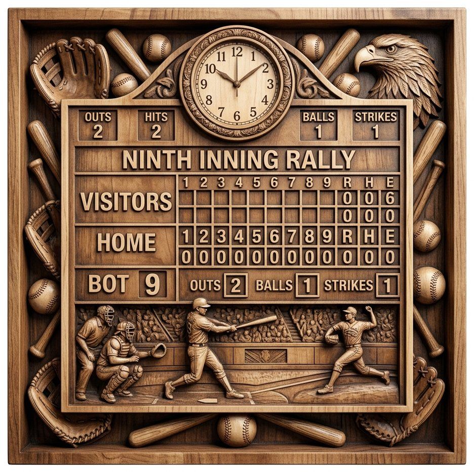 Ninth Inning Rally Baseball Scoreboard CNC Relief STL | Vintage Sports Man Cave Wall Art | Rustic Wood Carving Panel — carved bas relief STL file for CNC