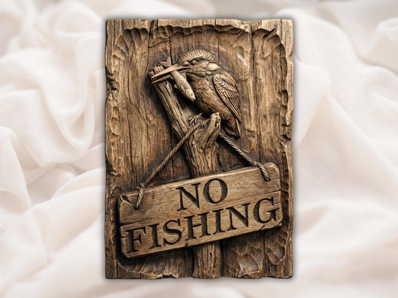 Carved wood relief of a kingfisher holding a fish on a branch above a rope-hung NO FISHING plaque