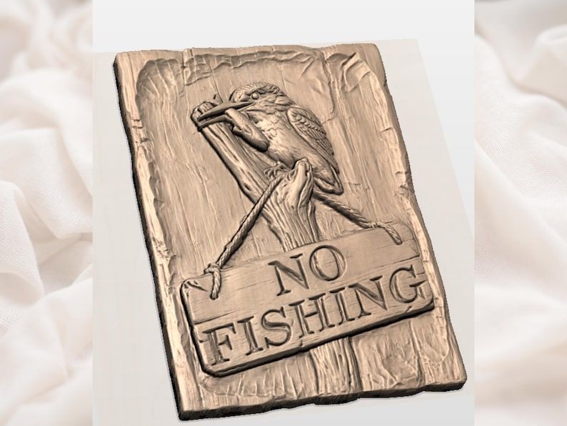 Kingfisher No Fishing Sign STL, Carved Bird with Catch Relief bas-relief STL — view 2