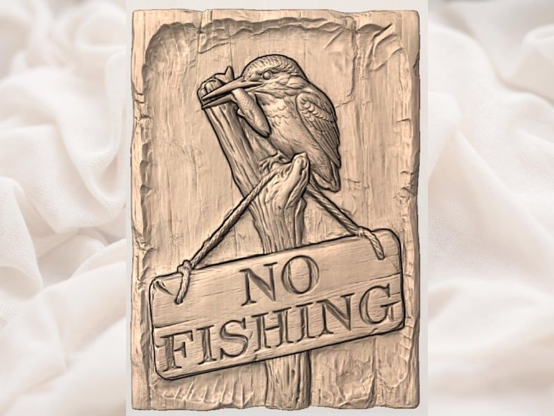 Kingfisher No Fishing Sign STL, Carved Bird with Catch Relief bas-relief STL — view 3