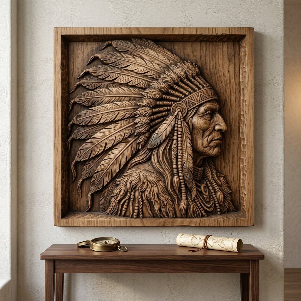 Noble Native American Chief War Bonnet CNC Relief STL bas-relief STL — view 13