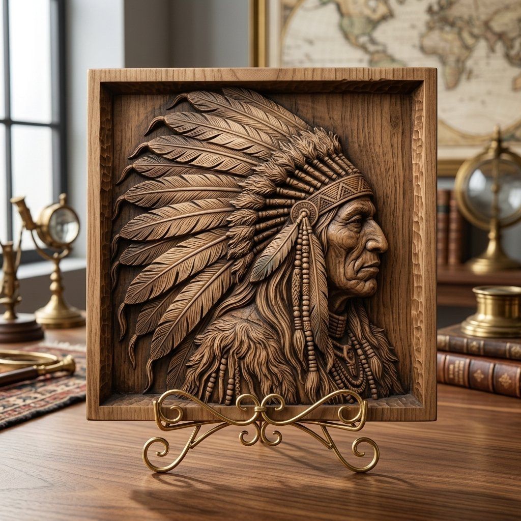 Noble Native American Chief War Bonnet CNC Relief STL bas-relief STL — view 3