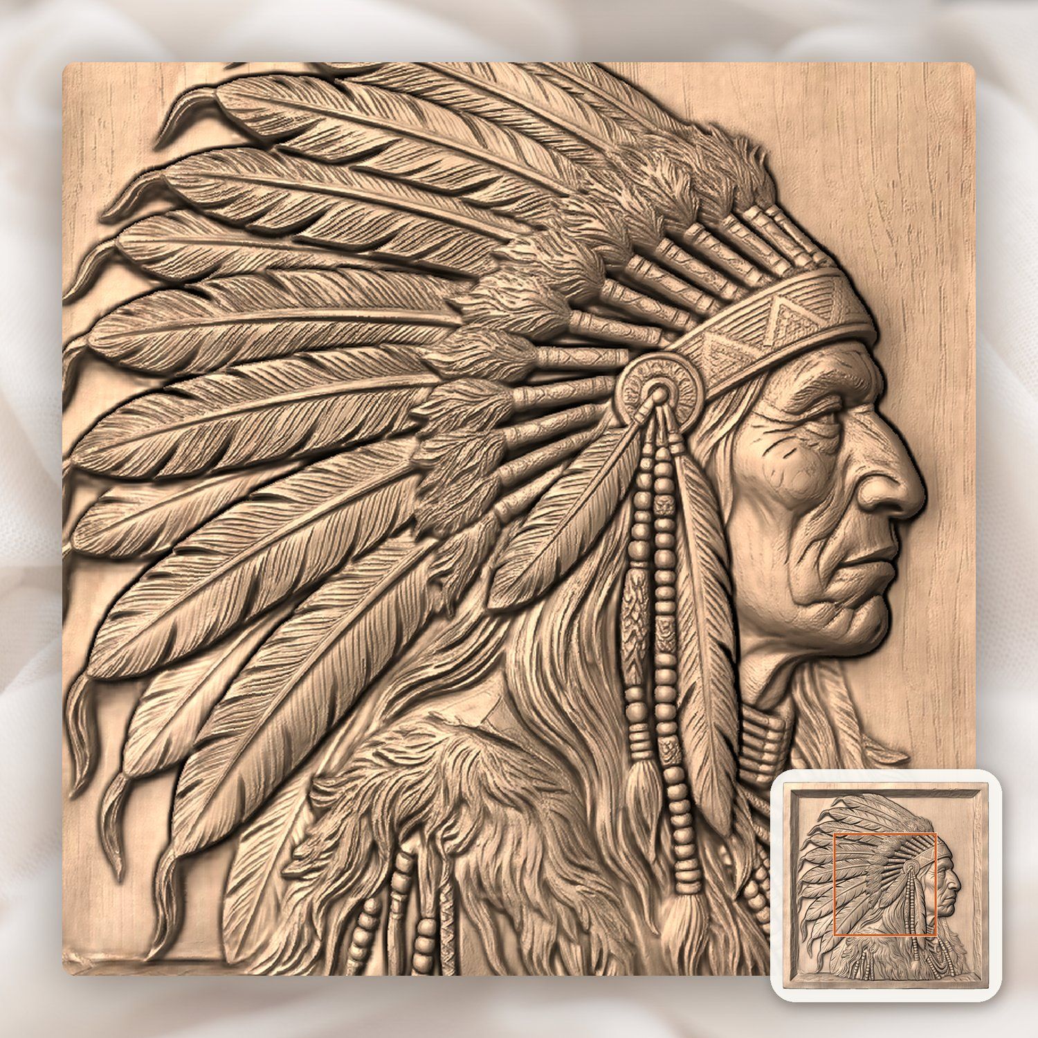 Noble Native American Chief War Bonnet CNC Relief STL bas-relief STL — view 6