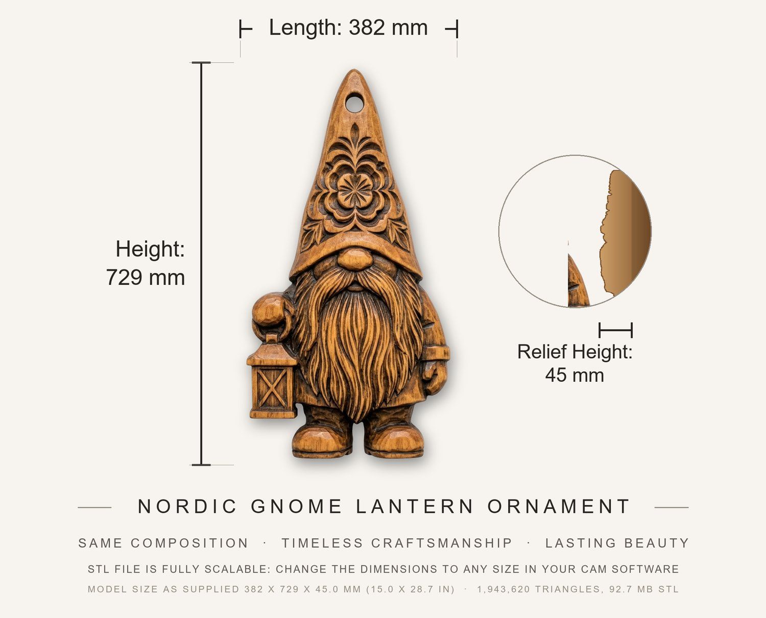 Nordic Gnome Lantern Ornament CNC Relief STL bas-relief STL — view 3