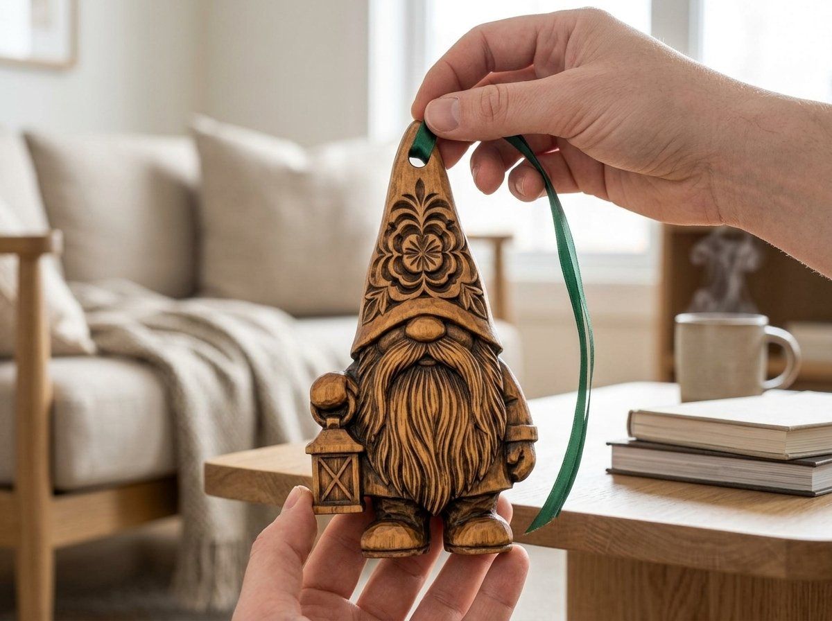 Nordic Gnome Lantern Ornament CNC Relief STL | Scandinavian Tomte Wood Carving | Christmas Tree Decor Design — carved bas relief STL file for CNC