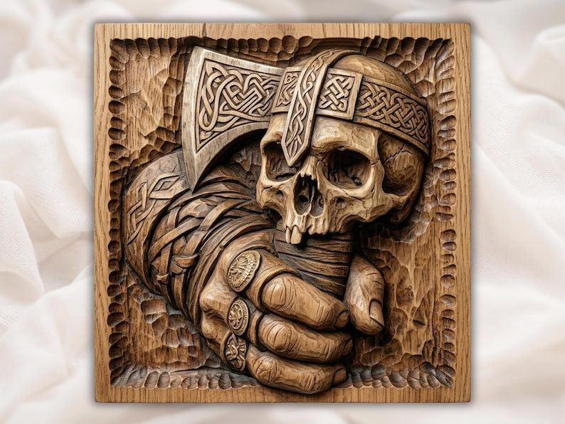 Carved bas-relief of a Viking skull in a knotwork helmet gripping a Celtic battle axe with ringed hand