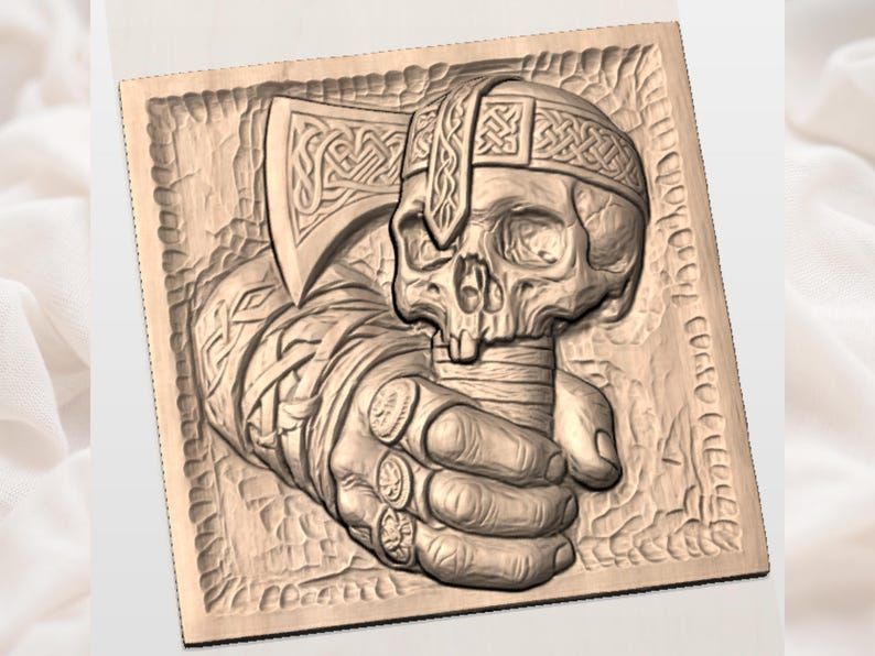 Viking Skull Gripping a Knotwork Battle Axe Bas-Relief STL bas-relief STL — view 2