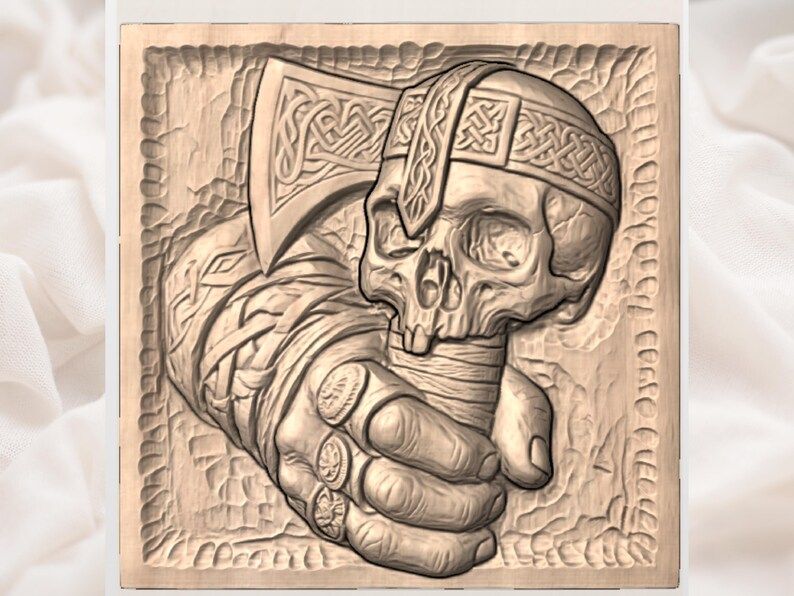 Viking Skull Gripping a Knotwork Battle Axe Bas-Relief STL bas-relief STL — view 3
