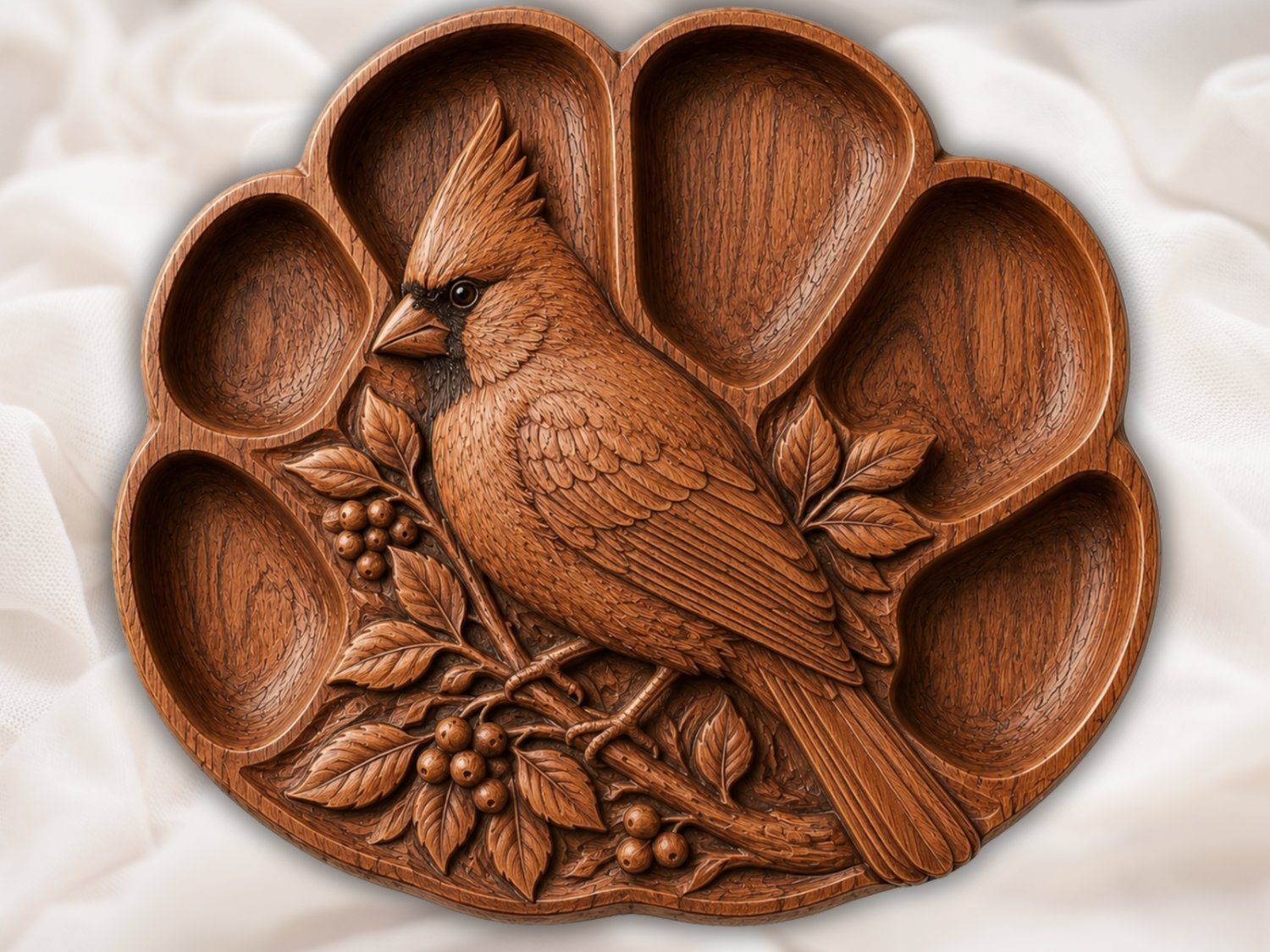 Northern Cardinal Bird Wood Carving Design | Rustic Nature Wall Art | Multi-Compartment Platter Decor | CNC Router Relief Pattern | VCarve P — carved bas relief STL file for CNC