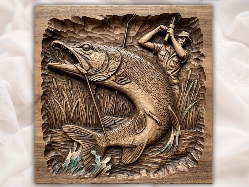 Carved wood bas-relief of a leaping northern pike striking near reeds while an angler fights it with a rod