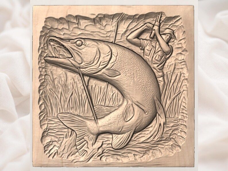 Northern Pike Strike and Angler Bas-Relief STL Carving Panel bas-relief STL — view 2