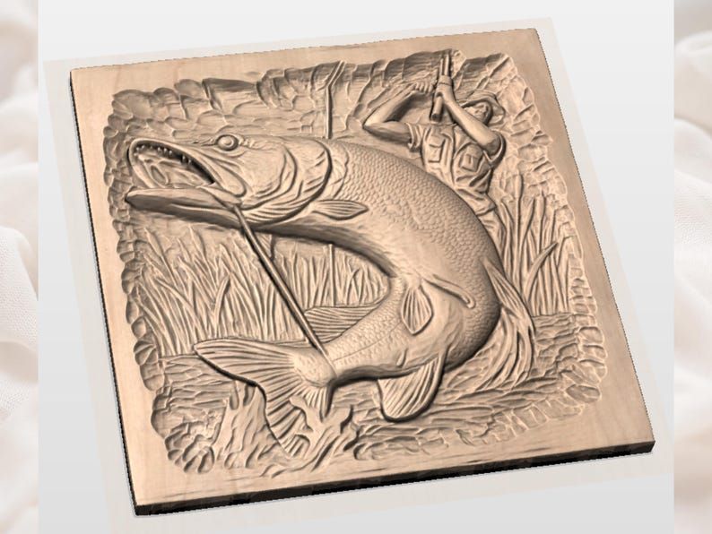 Northern Pike Strike and Angler Bas-Relief STL Carving Panel bas-relief STL — view 3