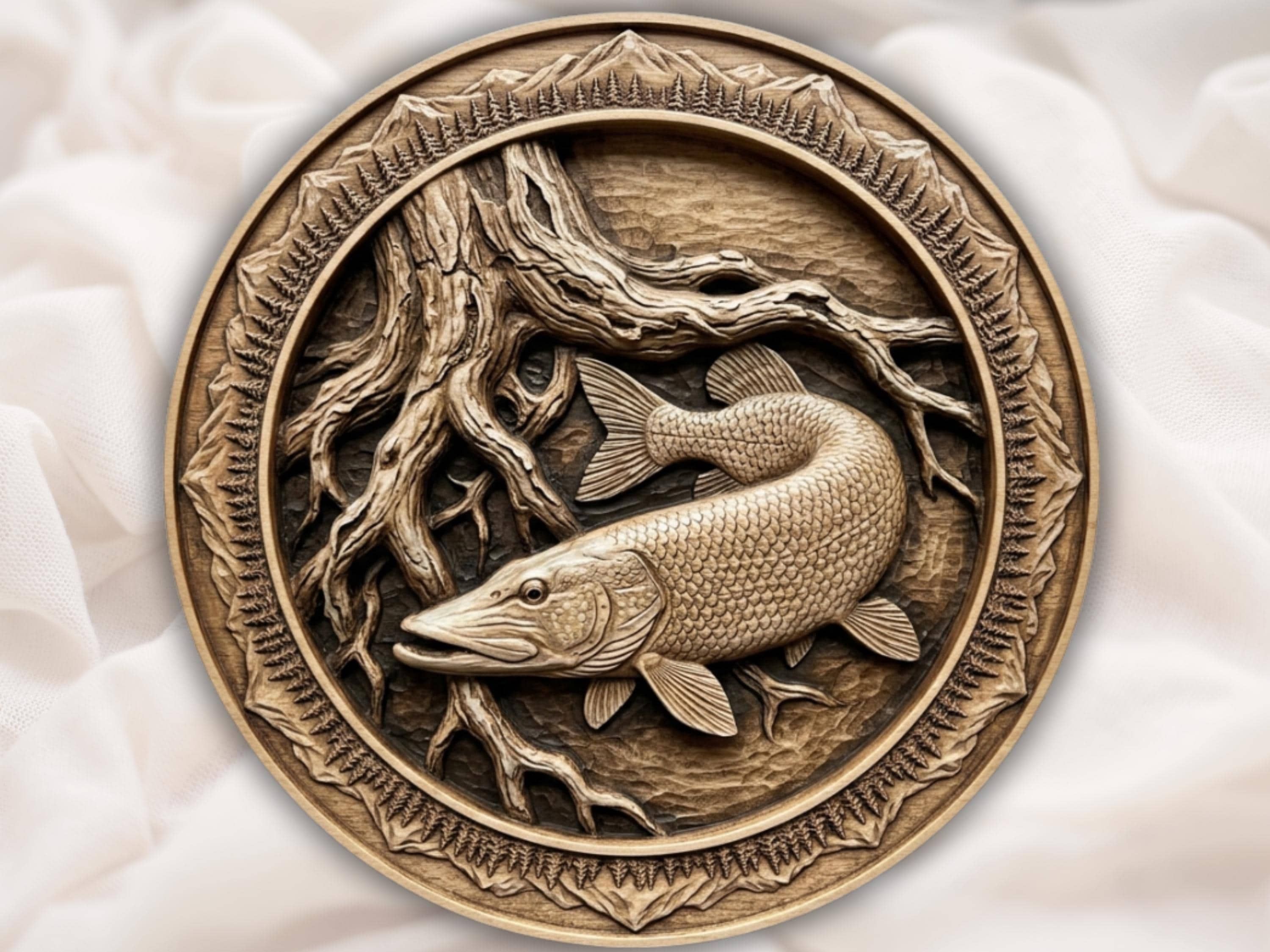 Northern Pike Fishing CNC STL Relief, Submerged Tree Roots Deep Scoop 3D Model, Wood Carving File for Vectric Aspire, ArtCAM, Carveco bas-relief STL file for CNC router, laser engraver & 3D printing