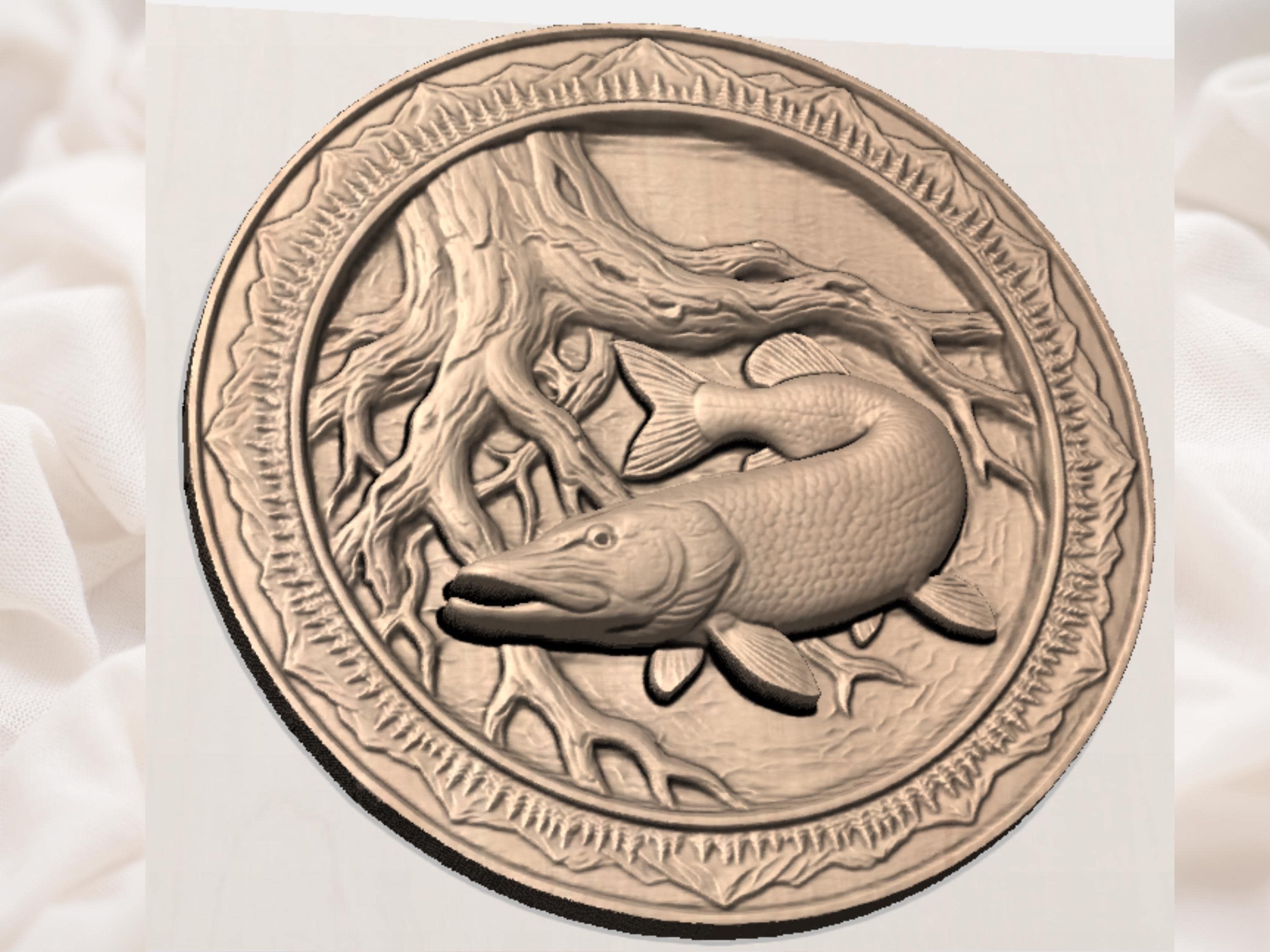 Northern Pike Fishing CNC STL Relief, Submerged Tree Roots Deep Scoop 3D Model, Wood Carving File for Vectric Aspire, ArtCAM, Carveco bas-relief STL — view 2