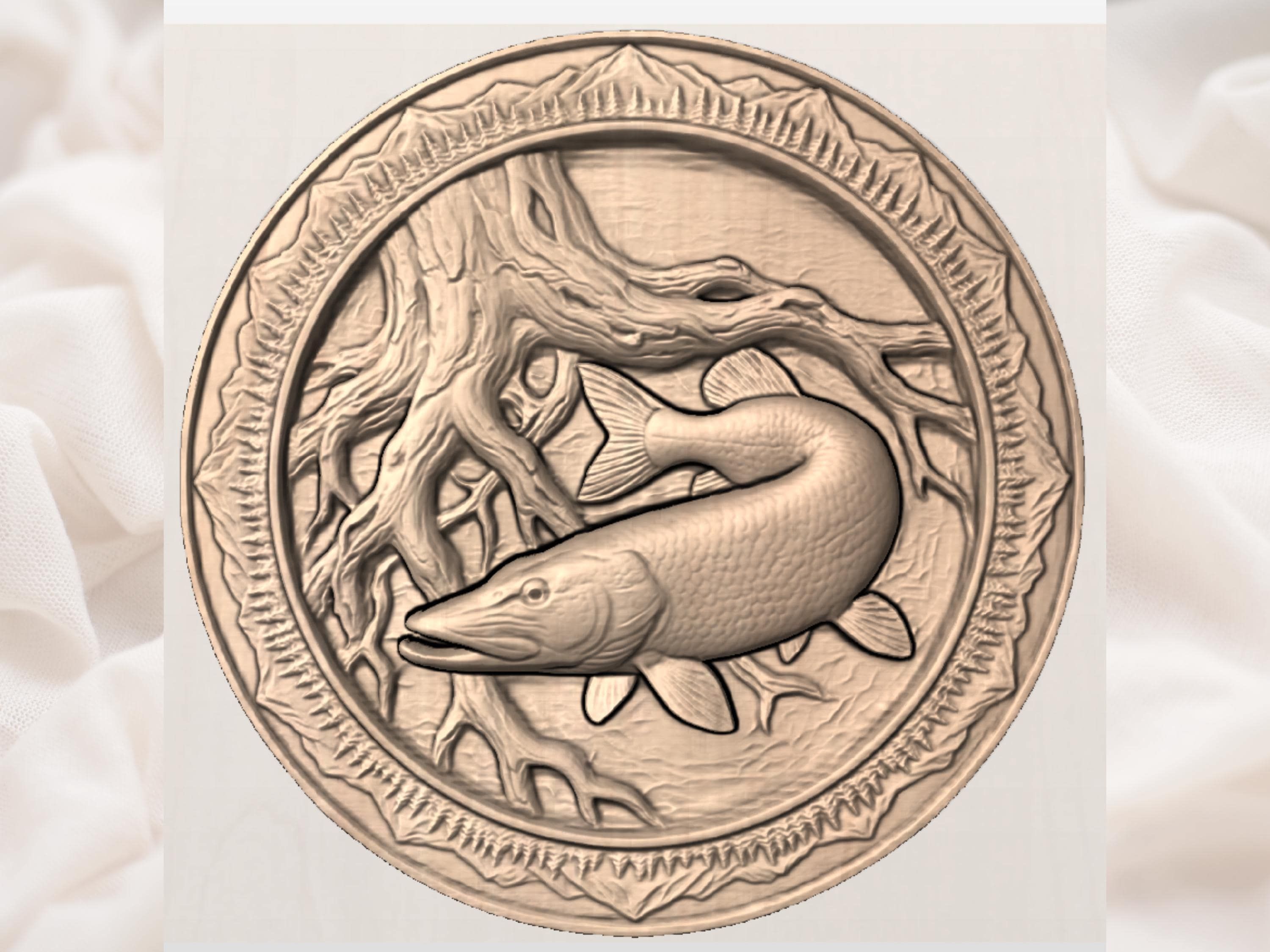 Northern Pike Fishing CNC STL Relief, Submerged Tree Roots Deep Scoop 3D Model, Wood Carving File for Vectric Aspire, ArtCAM, Carveco bas-relief STL — view 3