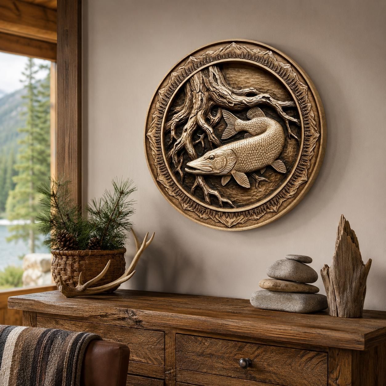 Northern Pike Fishing CNC STL Relief, Submerged Tree Roots Deep Scoop 3D Model, Wood Carving File for Vectric Aspire, ArtCAM, Carveco bas-relief STL — view 4