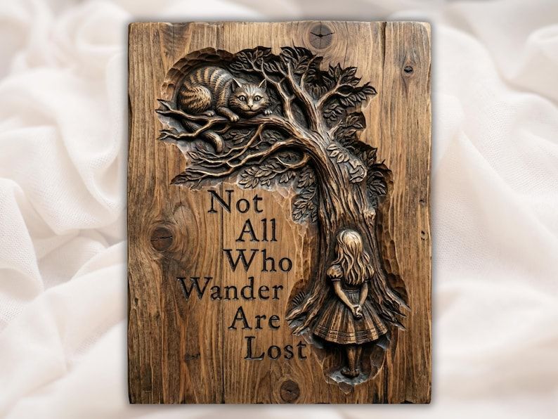 Carved wood relief of Alice under a tree with the Cheshire cat and the quote Not All Who Wander Are Lost