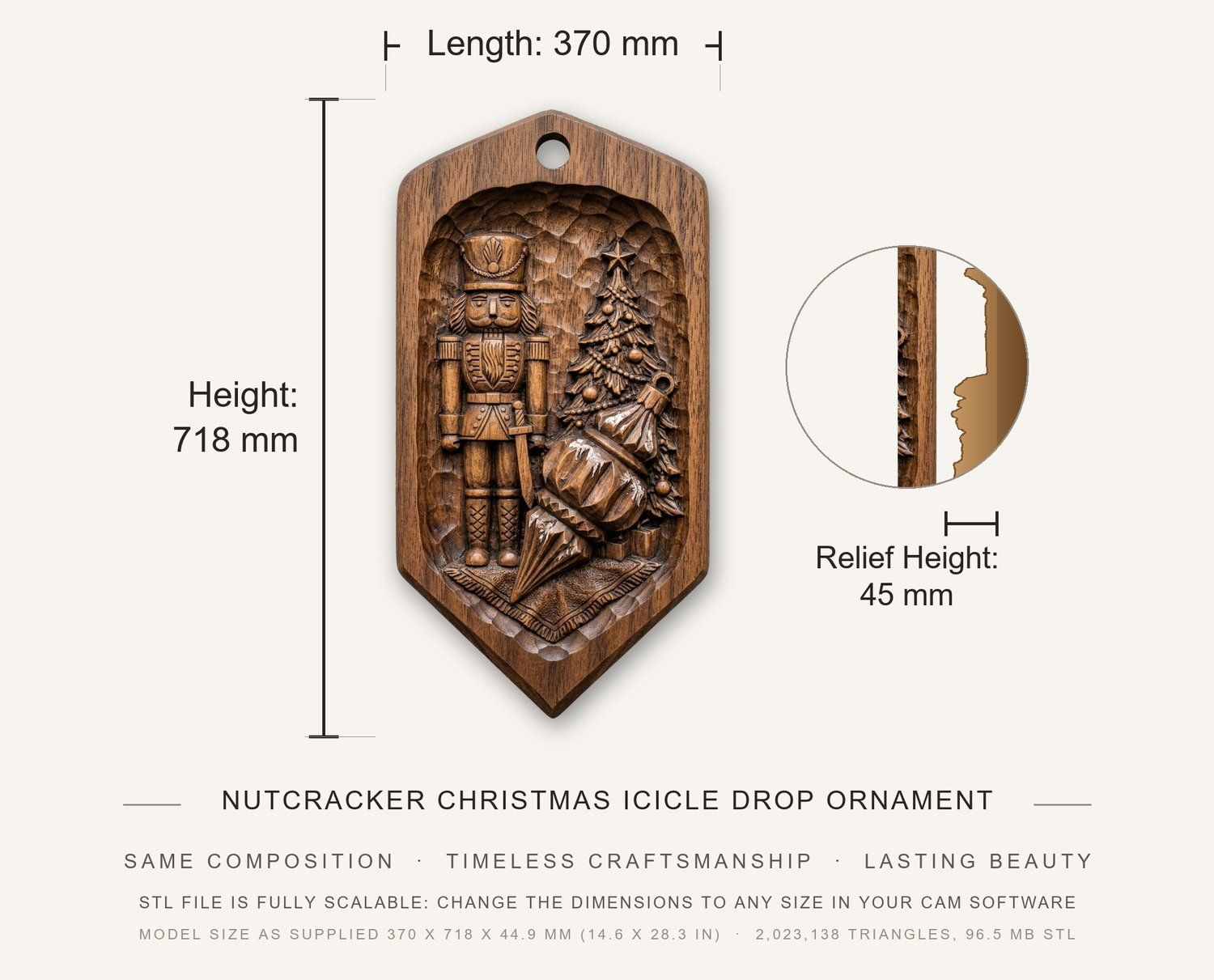 Nutcracker Christmas Icicle Drop Ornament CNC Relief STL bas-relief STL — view 3