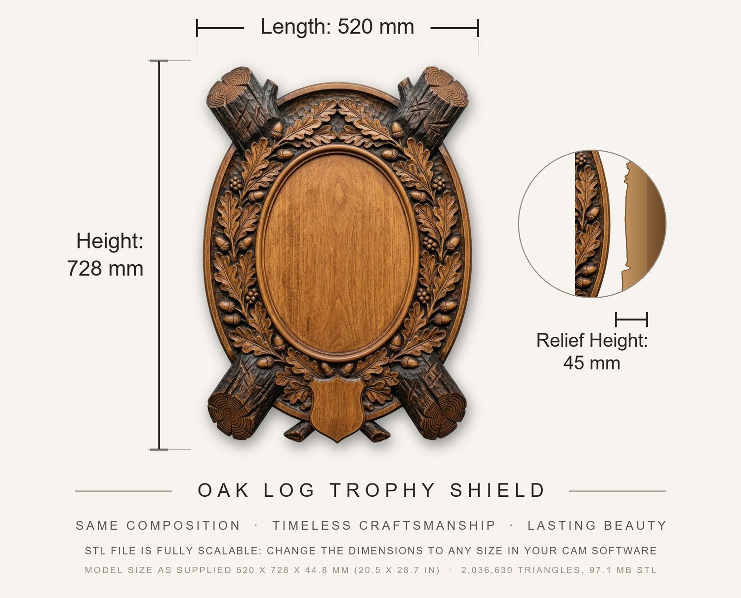 Oak Log Trophy Shield CNC Relief STL bas-relief STL — view 3