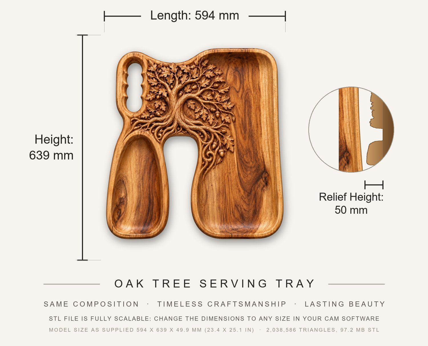 Oak Tree Serving Tray CNC Relief STL bas-relief STL — view 3