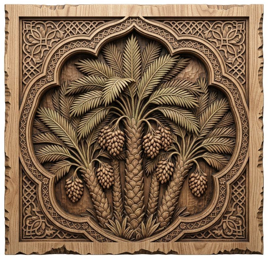 Oasis Palm Tree Decorative Panel CNC Relief STL | Arabian Wall Art Design | Mediterranean Garden Wood Carving | Middle Eastern Home Decor — carved bas relief STL file for CNC