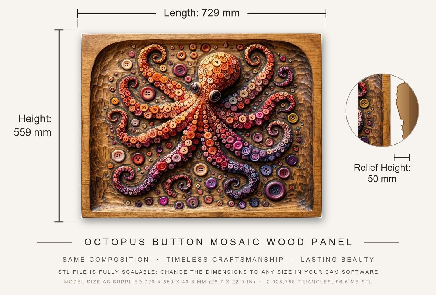 Octopus Button Mosaic Wood Panel CNC Relief STL bas-relief STL — view 3