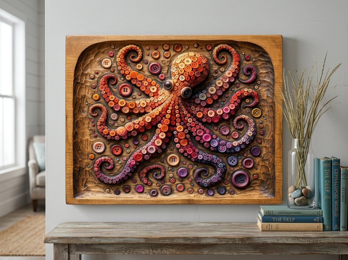 Octopus Button Mosaic Wood Panel CNC Relief STL bas-relief STL — view 13